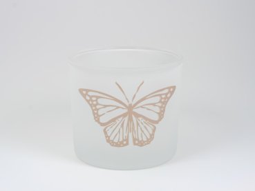 Teelichtglas satiniert Jumbo Schmetterling farbig beige