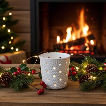 Teelichthalter Porzellan, weiß, weihnachtliche Kulisse